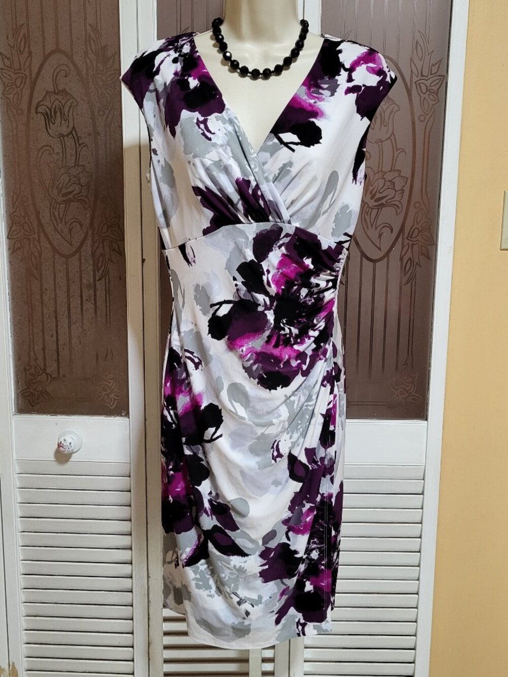 Lauren Ralph Lauren Womens Purple Floral Cap Sleeves Sheath Dress